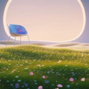 An empty chair in a calm landscape symbolic for reflexion and personal development